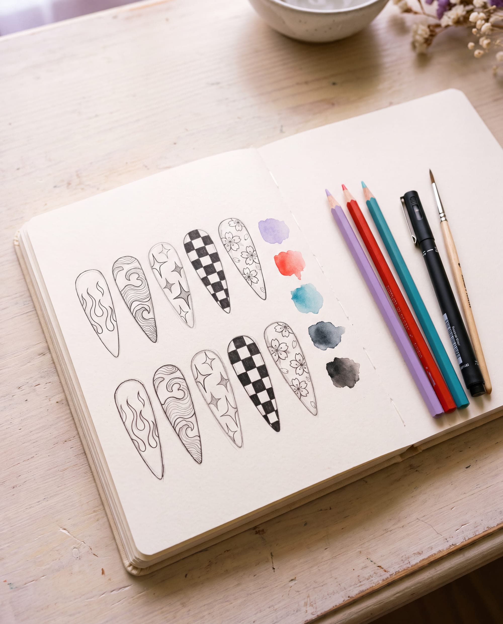 A sketchbook with ten nail designs and watercolour swatches