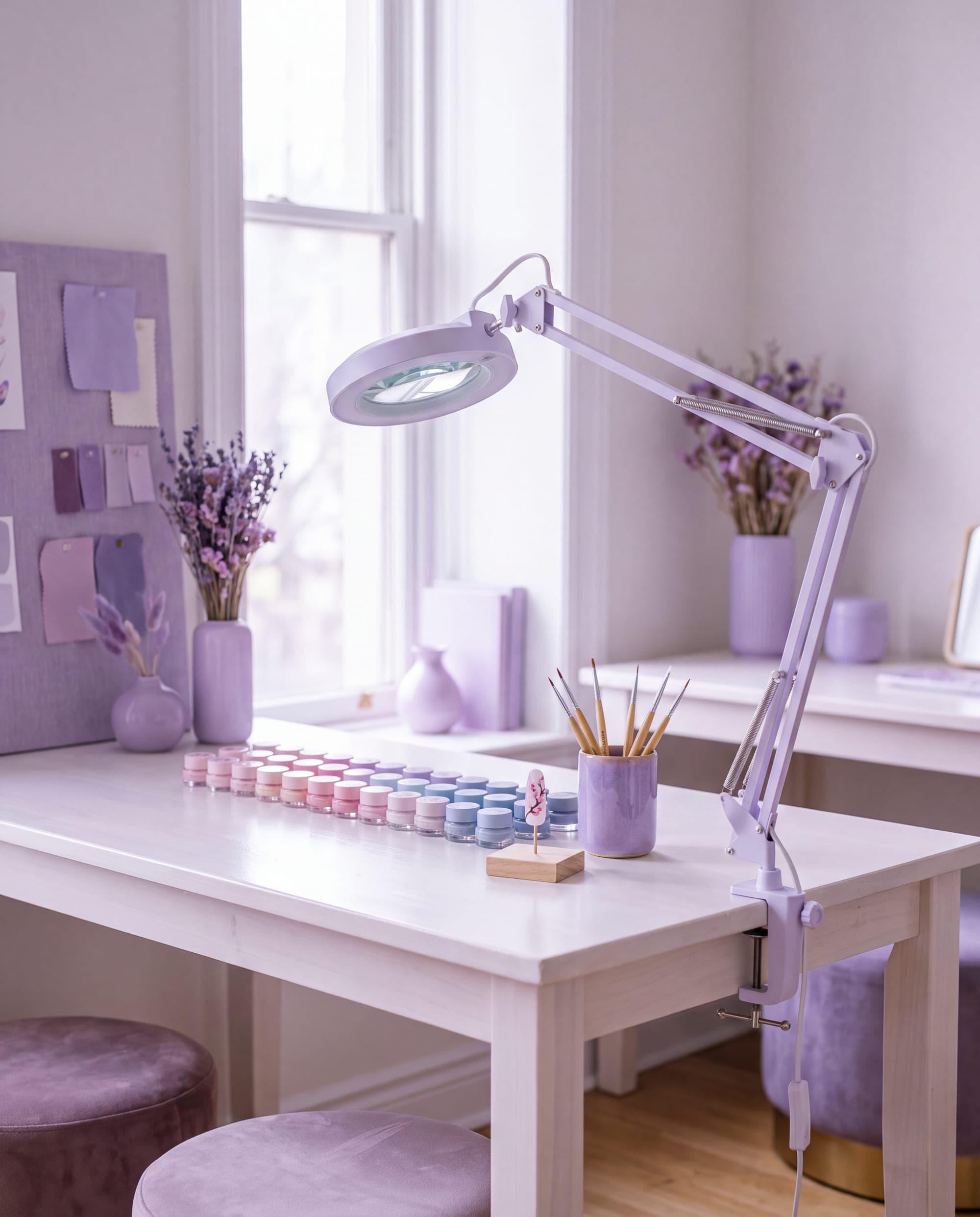 A bright nail-art studio desk with a magnifying lamp, gel pots and brushes